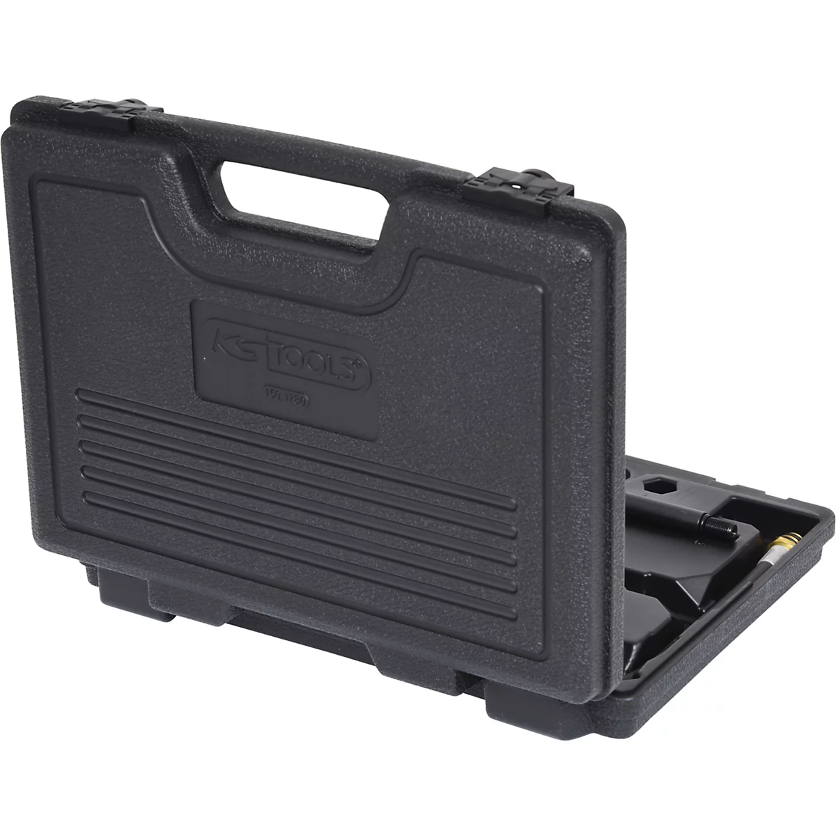 Schwarzer Werkzeugkoffer, geöffnet, mit Griff und KS TOOLS Logo.